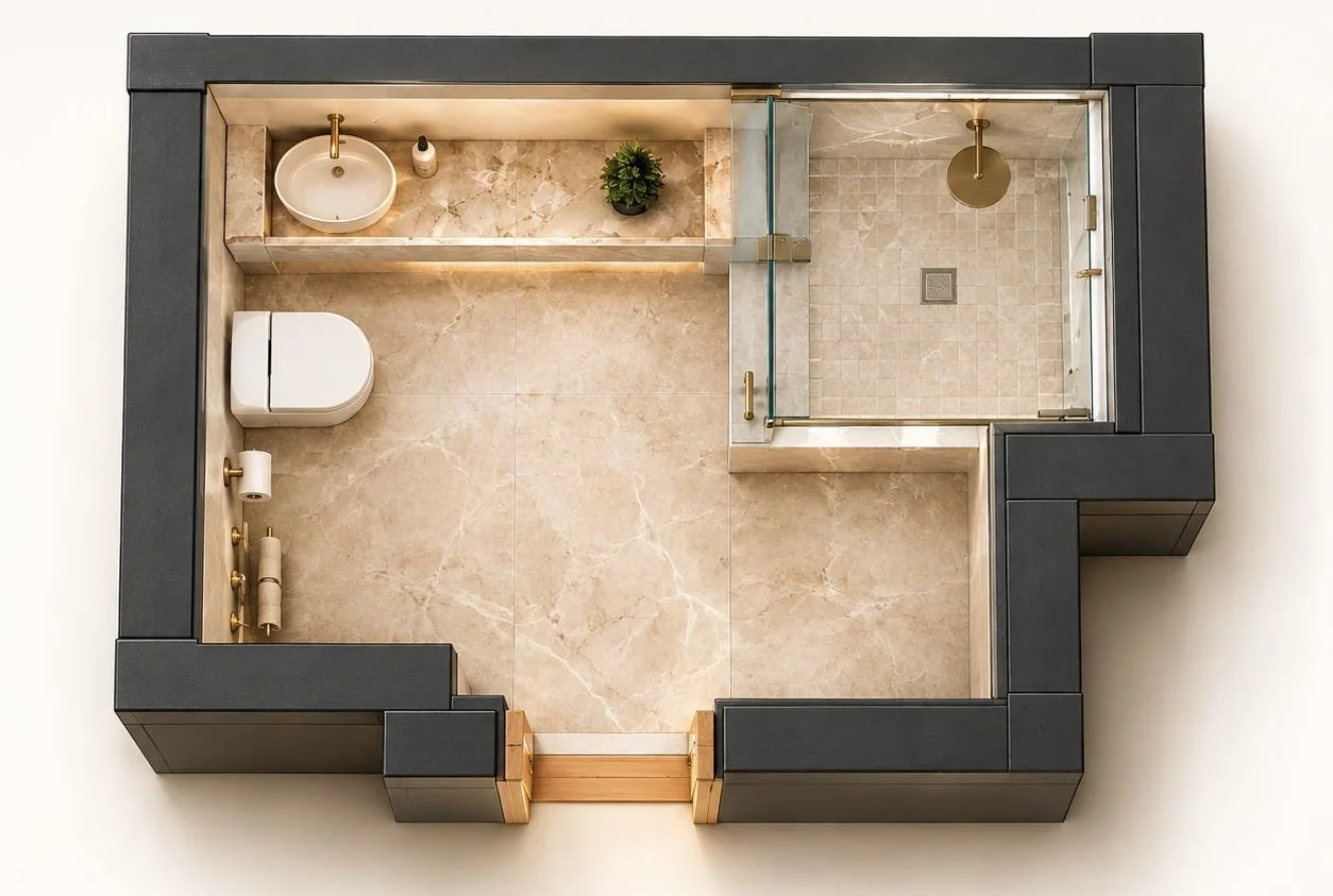 Concept top view of the SILVER private bathroom with shower, toilet and vanity