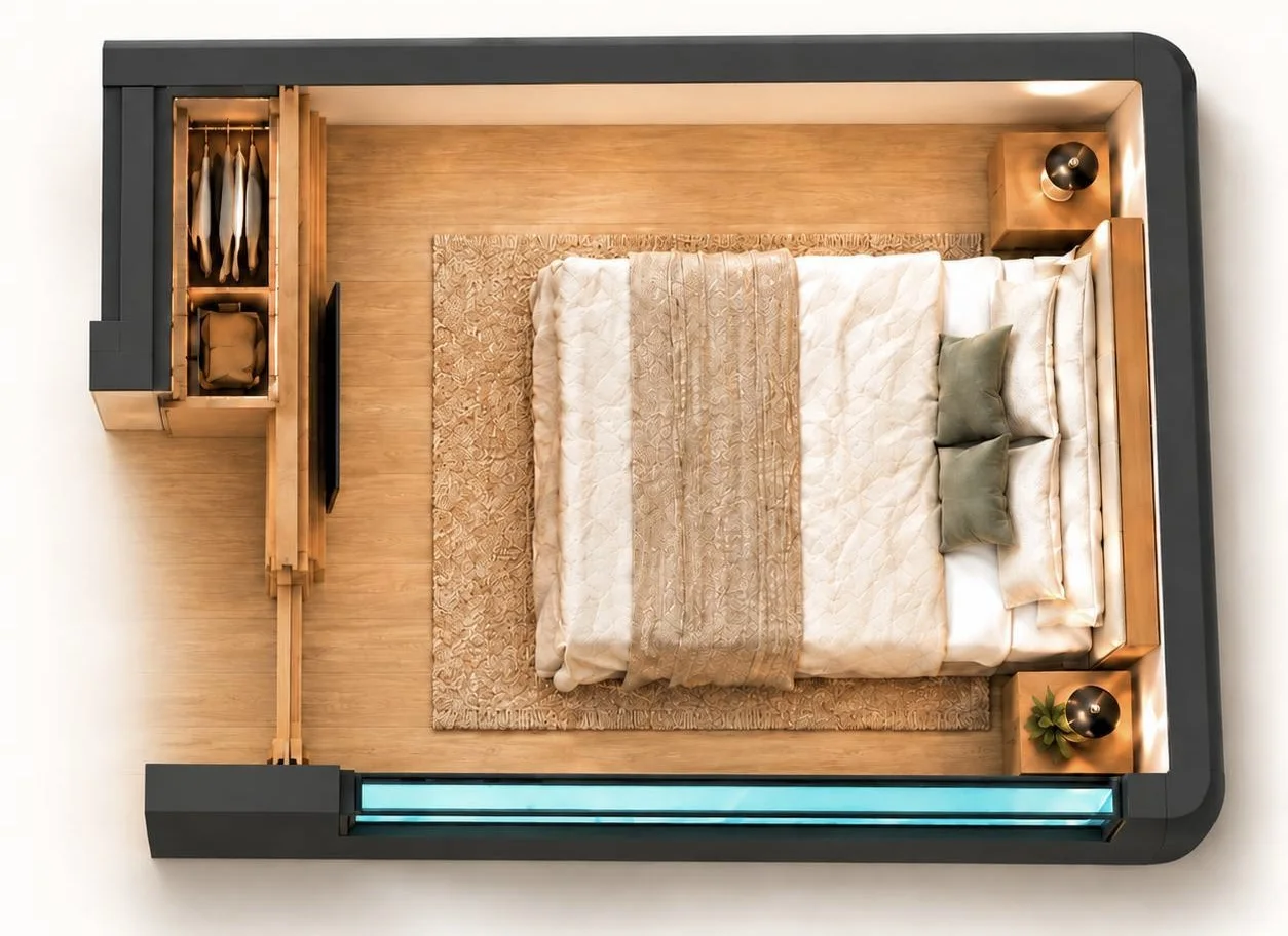 Concept top view of the SILVER separate bedroom with queen-bed zone and wardrobe