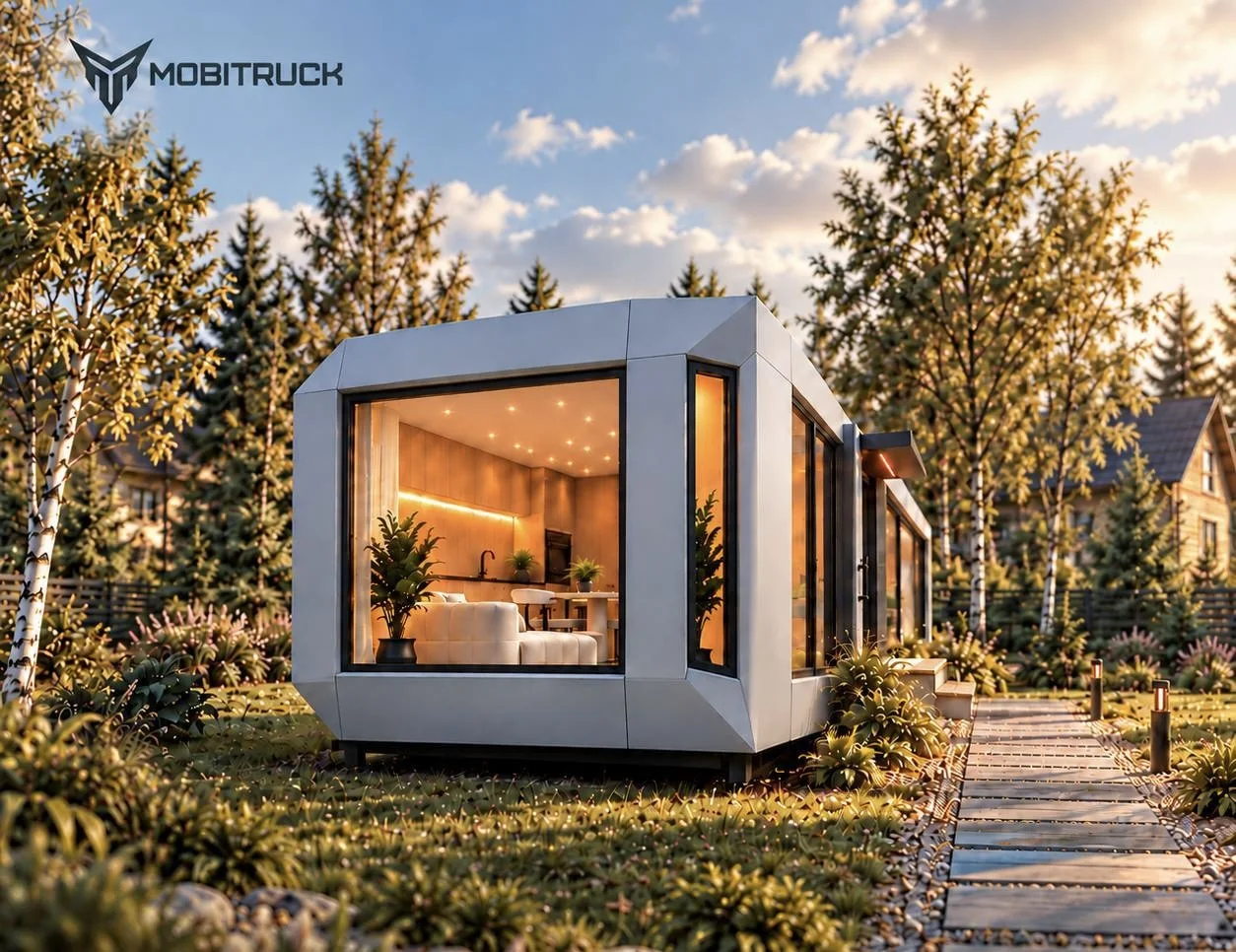 Concept rendering of the SILVER park model RV with panoramic glazing in a landscaped setting