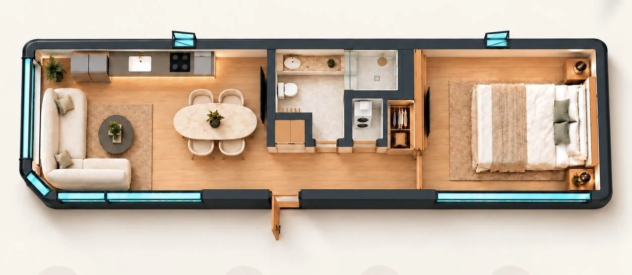 Top-down concept floor plan for SILVER showing living room, kitchen, bathroom and separate bedroom