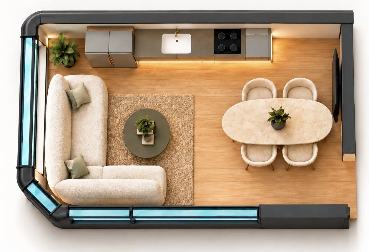 Concept top view of the SILVER living room, dining table and linear kitchen