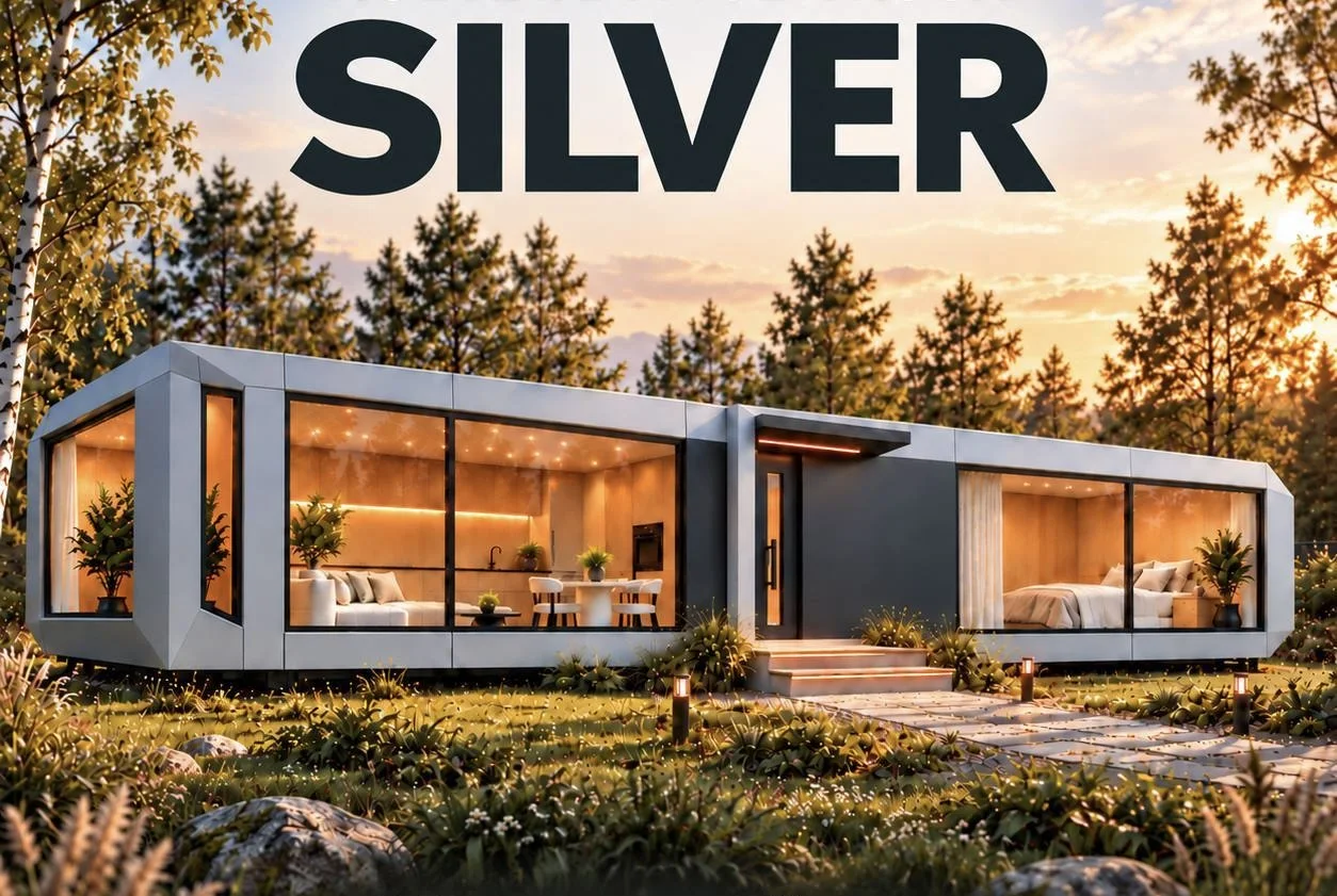 SILVER park model RV exterior concept rendering in a landscaped setting