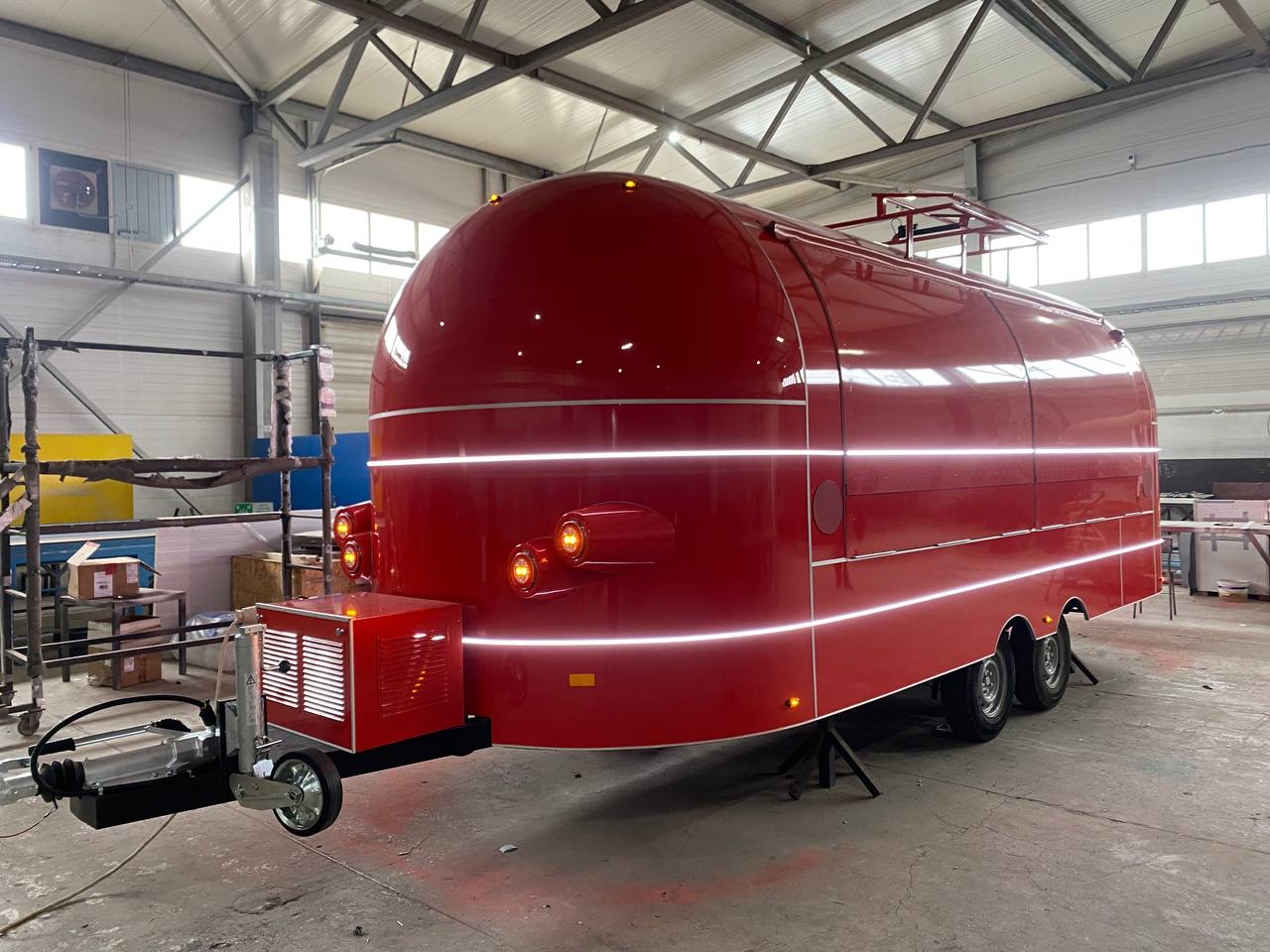 Completed red MobiAir commercial food trailer ready to inspect in Florida