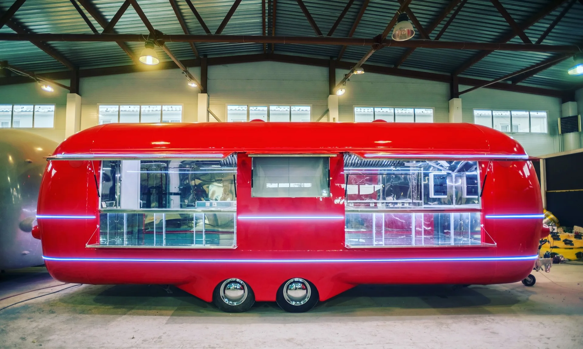 Red MobiEdge 8VT commercial trailer with two open service windows
