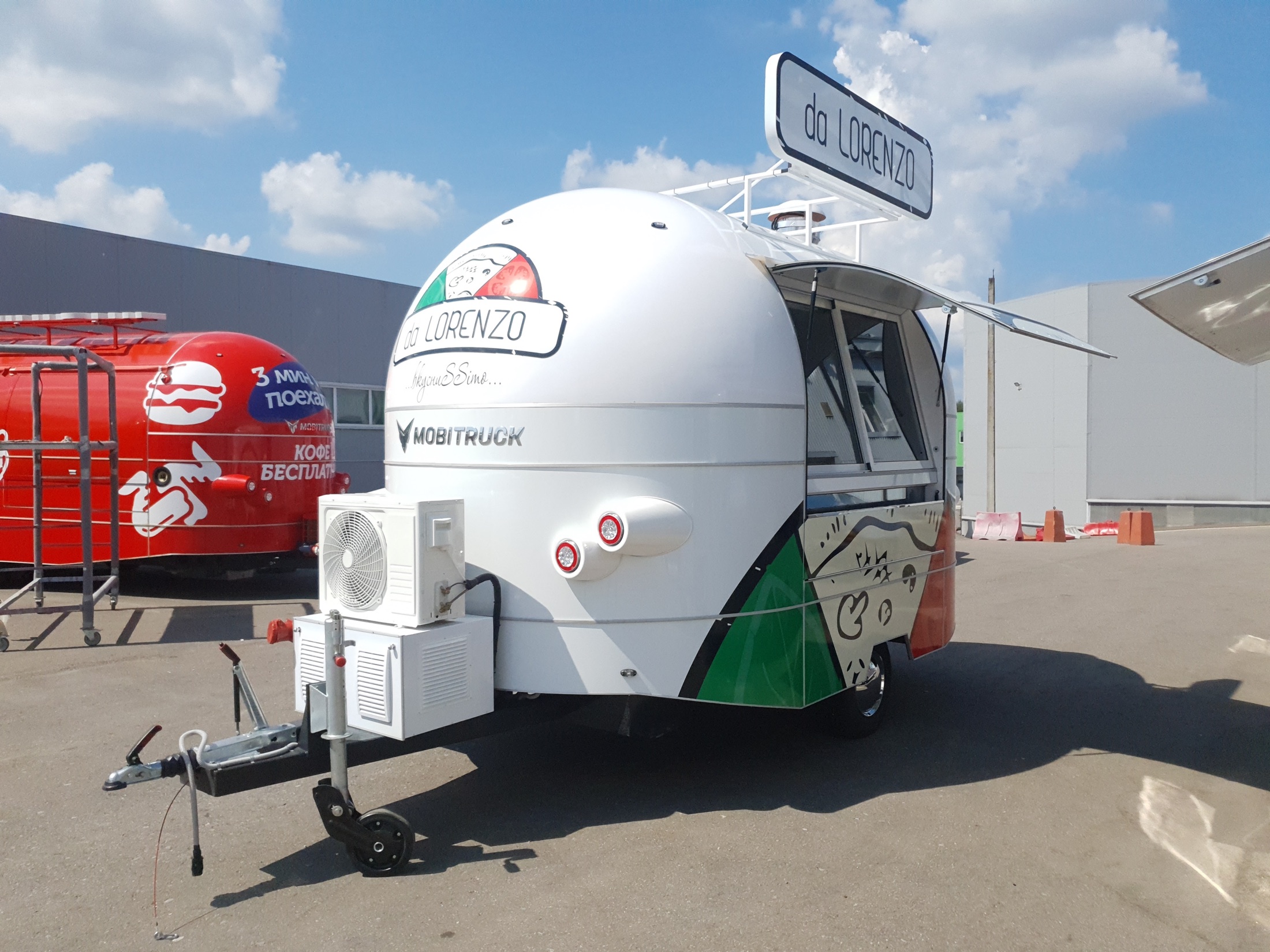 Da Lorenzo white food trailer front three-quarter view